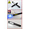 Zwarte LED-zaklamp met laser en UV-licht, getoond in verschillende toepassingen.